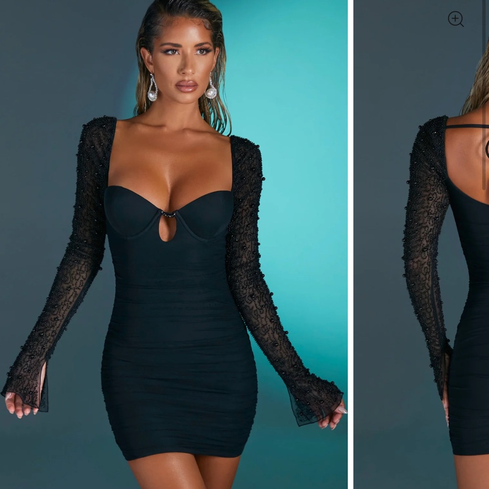 Oh Polly Black Mini Dress with Beaded Sleeves